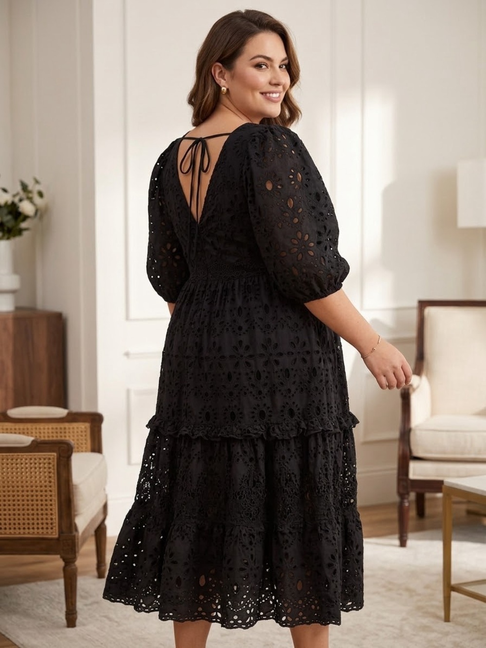 Elegant Black Eyelet Midi Dress with Tie Back
